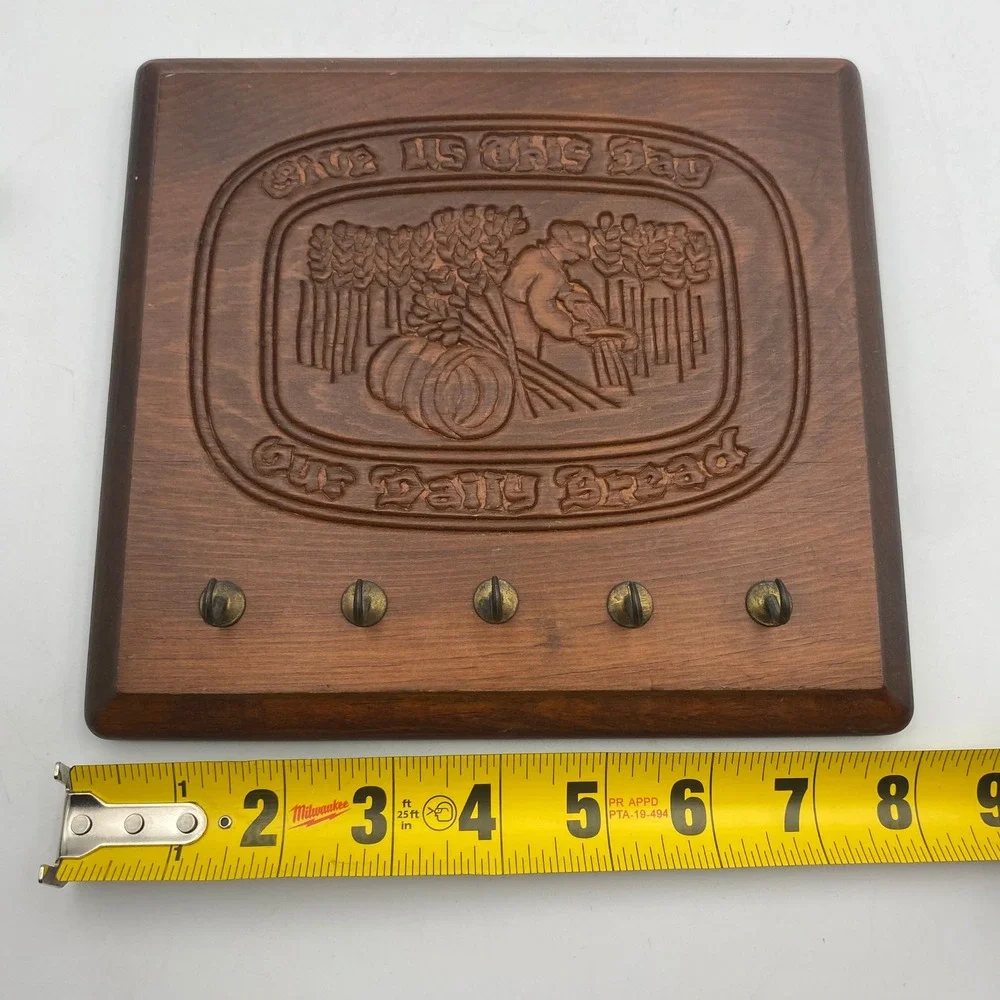 Vintage Carved Wood Give Us This Day Our Daily Bread Wall Plaque Key Hook Rack